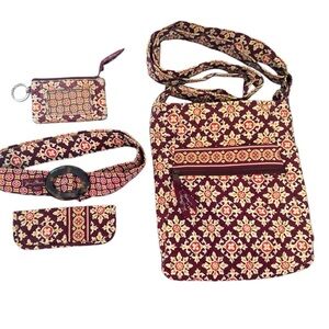 Vera Bradley 4pc Medallion red tan crossbody bag wallet belt umbrella cover set